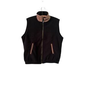 Vintage Tyrol Yukon Men’s Med Black Fleece Vest With Leather Collar Worn Collar